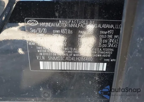 2020 Hyundai Santa Fe Sel z USA, uszkodzony, nr VIN 5NMS3CAD4LH286460